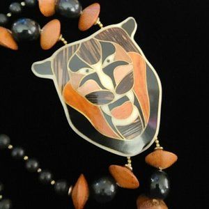 Wood Inlaid Tiger Lion Cat Necklace Vintage Beads